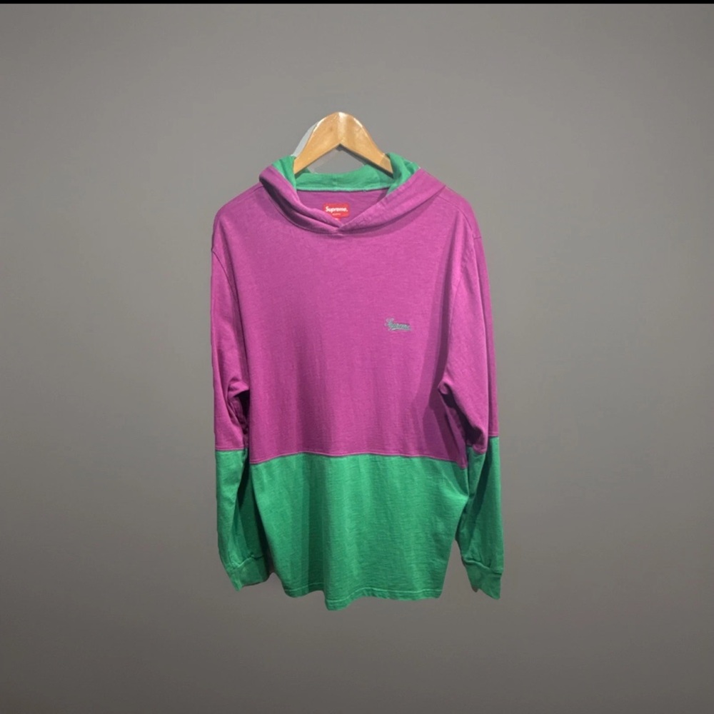 VTG Supreme Purple Green two Colorblock Hoodie Men XL Embroidered Logo Pullover